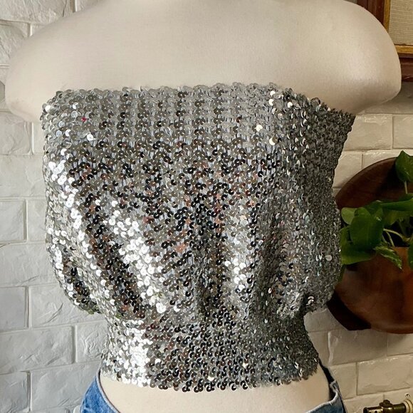 Vintage 1970s Disco Metallic Silver Sequin Tube Top - Picture 2 of 11